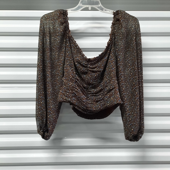 Astr The Label Top Womens Medium Brown Blue Puff Sleeve Smocked Blouse - Picture 3 of 10